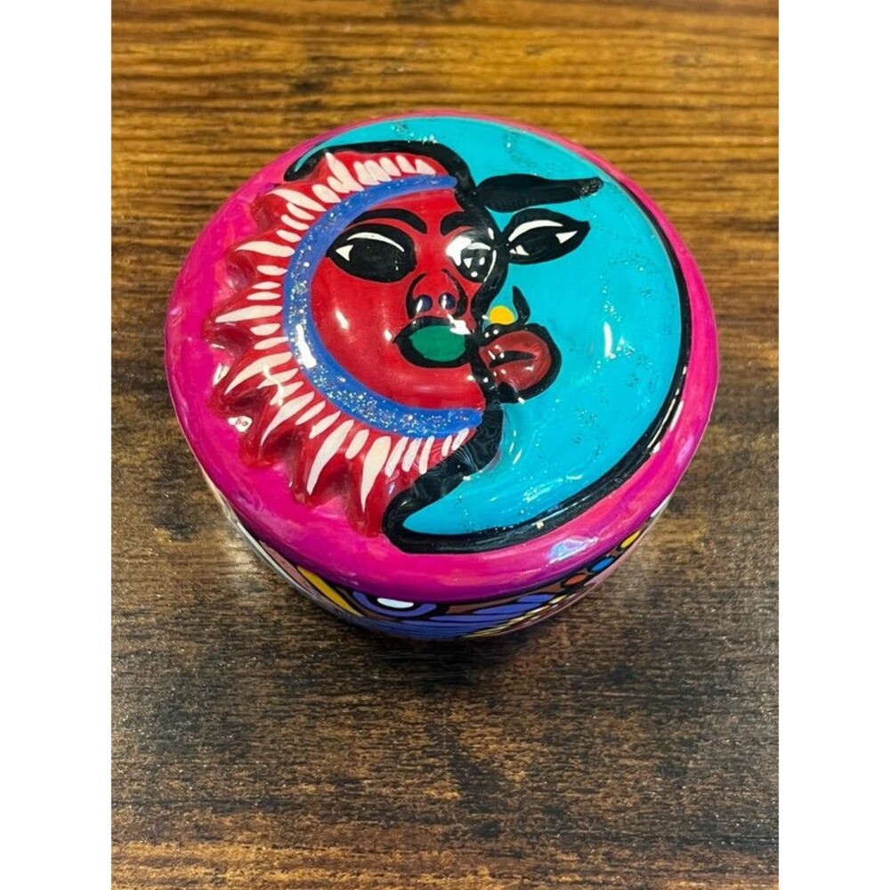 Hand-Painted Mexican Sun & Moon Clay Trinket Box